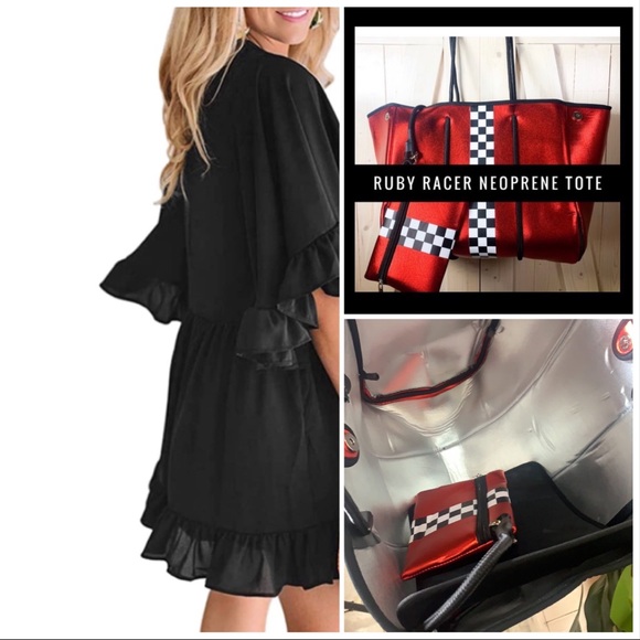 Neoprene Racer Tote Bag Purse - Ruby Red + black & white checks w/ silver + more - Picture 7 of 7